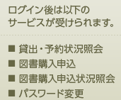 ログイン後は以下のサービスが受けられます。貸出・予約状況照会、図書購入申込、図書購入申込状況照会、パスワード変更